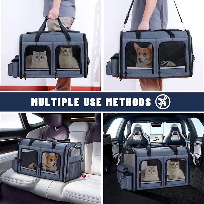 Groxkox Cat Carrier for 2 Cats, Foldable Double Cat and Dog Carrier, Small to Medium Size, 2 Front Zippered Compartments,Two Pets Carrier for Outdoor Travel,Mulitple Cat Carrier, Grey