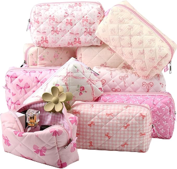 Paterr 10 Pcs Quilted Makeup Bag Bulk Cotton Floral Cosmetic Bag Women Girls Bridesmaid Gifts Cute Makeup Pouch Coquette Aesthetic Travel Toiletry Organizer(Pink Bow,6.30 x 3.94 Inches)