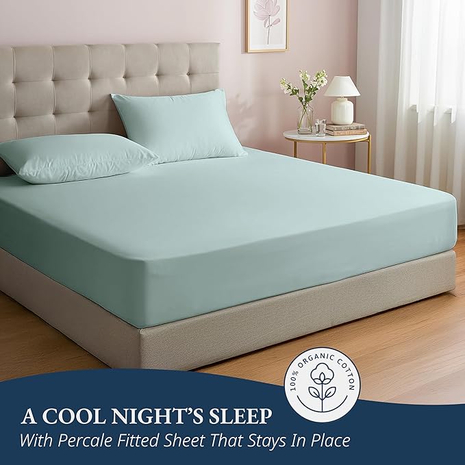 LANE LINEN King Fitted Sheet, 100% Organic Cotton, 3-Piece Set (1 Fitted Sheet,2 Pillowcases), Percale Weave, Ultra Soft, Breathable,Fits Mattress Upto 15" Deep - Cool Blue(No Flat Sheet)