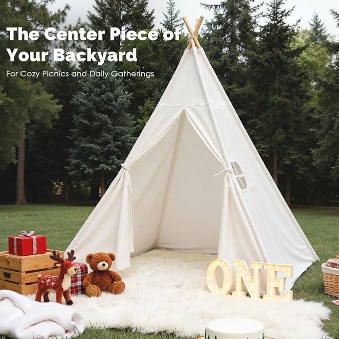 Sumbababy Large Teepee Tent for Kids Indoor - Cotton Canvas Slumber Play Tents for Adults - Foldable Sleepover Tents for Girls Boys Party Gift Toy, White