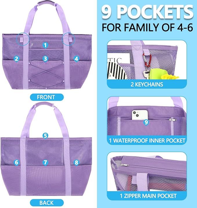 Fammart Mesh Beach Bag, Large Beach Tote with Zipper Pocket for Family Pool Bag for Toys & Vacation Essentials