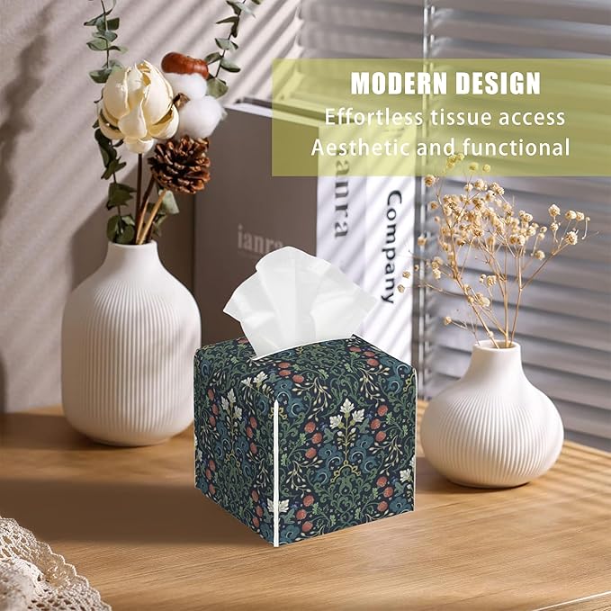 BLYKVGHQ Garden Flowers Square Tissue Box Cover William Morris Art Tissue Box Holder Facial Cube Paper Dispenser Leather Decorative Organizer Home Office Desk Decor, 5.2"x5.2"x5.2"