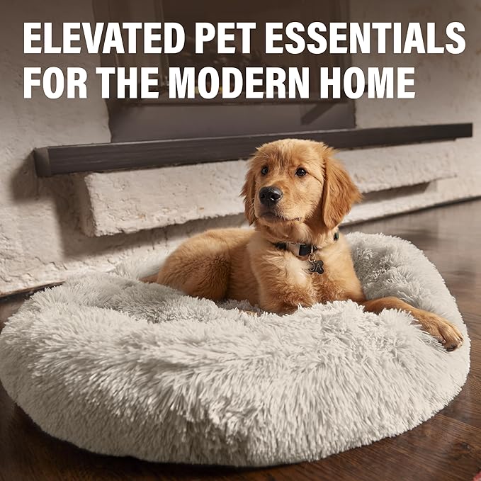Active Pets Calming Plush Dog Bed Donut Joint Support Anxiety Relief Washable Pet Bed with Removable Cover for Dogs Cats, Large 36", Beige