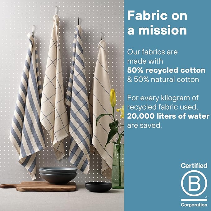 MEEMA Kitchen Towels and Dishcloths Sets of 4 | Large 18 x 28 Inch | Upcycled Cotton Tea Towel | Super Absorbent Cotton Dish Towels for Kitchen | Blue Stripes | Hand Towels