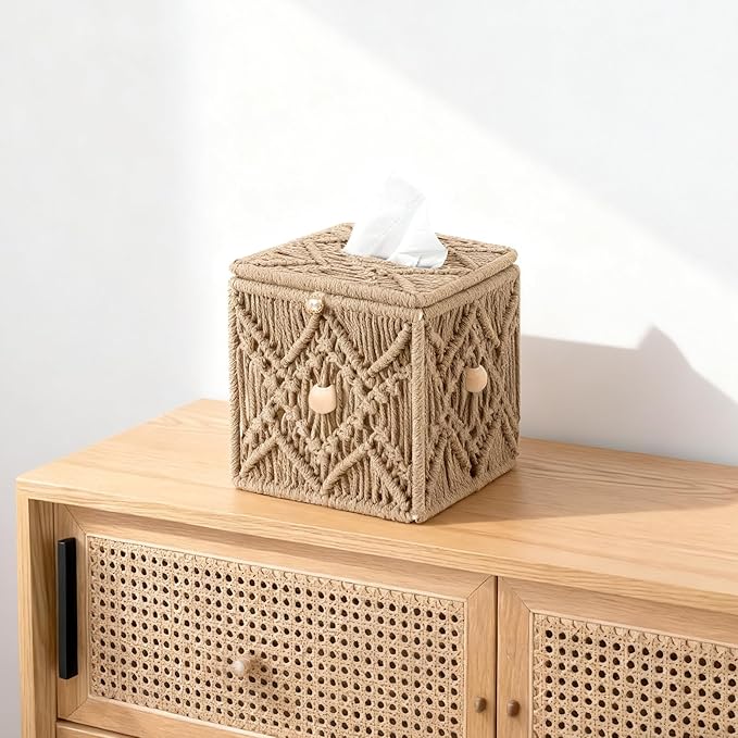KaloKalo Handmade Tissue Box Cover Decorative Macrame Boho Square Tissue Holder Cotton Rope Woven Napkin Facial Paper Organizer Bohemian Desk Storage Container with Buckle Wood Beads (Khaki)