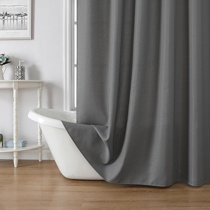 meioro Grey Shower Curtain, Waffle Weave 256GSM Heavy Duty Textured Fabric Shower Curtains for Bathroom Hotel Spa, Luxury Weighted Polyester Cloth Bath Curtain Set with 12 Hooks, 72Wx78H
