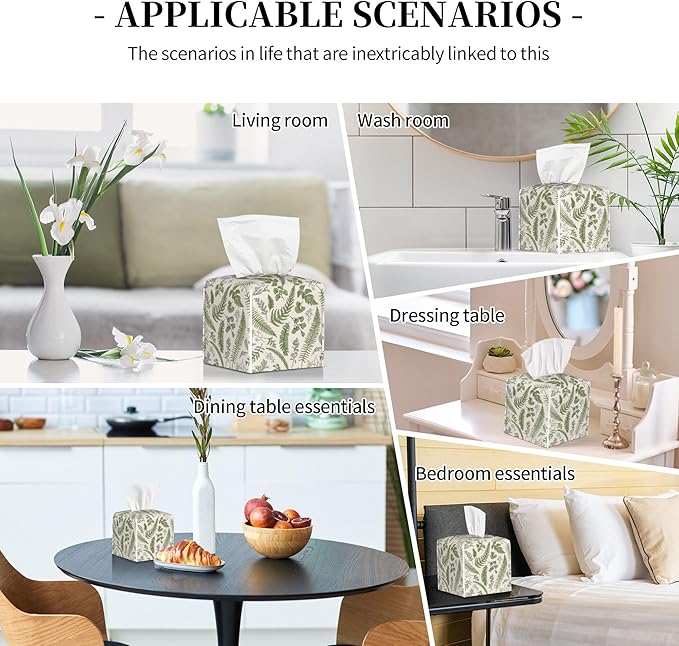 POIUBLE Tissue Box Holder Leaves and Herbs Tissue Box Cover Square Leather Tissue Holder Organizer Portable Decorative Facial Paper Case for Home Office Bathroom Vanity Countertop
