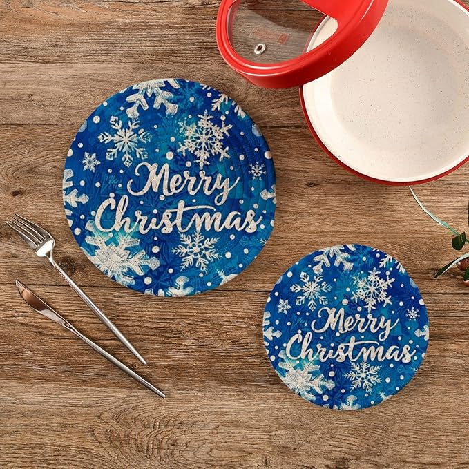 Boccsty Blue Snowflakes Pattern Trivet Mat 2PCS Christmas Round Woven Potholders Kitchen Table Countertop Protector Hot Pads Farmhouse Coasters Counter Mats for Cooking Baking