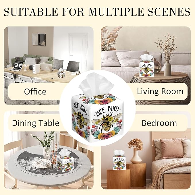 POIUBLE Tissue Box Holder Honey Bee and Flowers Tissue Box Cover Square Leather Tissue Holder Organizer Portable Decorative Facial Paper Case for Home Office Bathroom Vanity Countertop