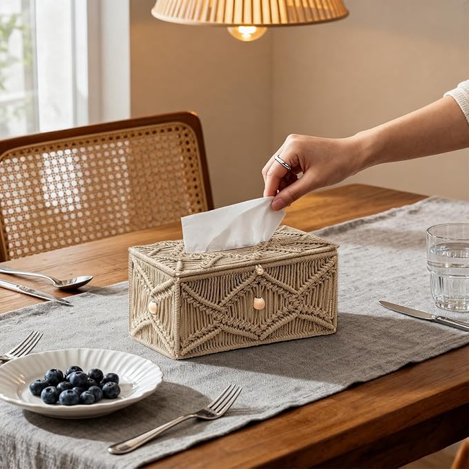 KaloKalo Handmade Tissue Box Cover Rectangle Decorative Macrame Boho Tissue Holder Cotton Rope Woven Napkin Facial Paper Organizer Bohemian Desk Storage Container with Buckle Wood Beads (Khaki)