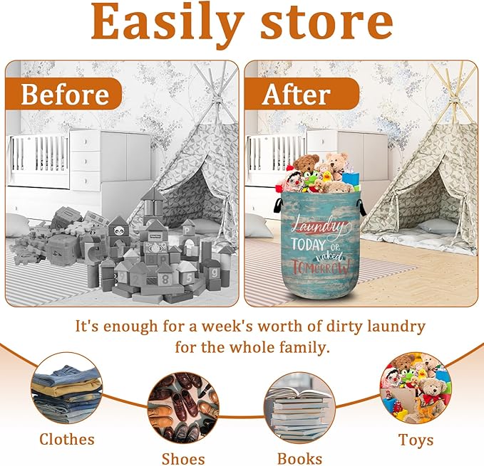 Laundry Today or Nacked Tomorrow Laundry Basket with Sturdy Handles, Blue Wood Grain Funny Collapsible Oxford Cloth Laundry Hamper Organizer Basket for Bathroom Bedroom 15.7x20 Inch