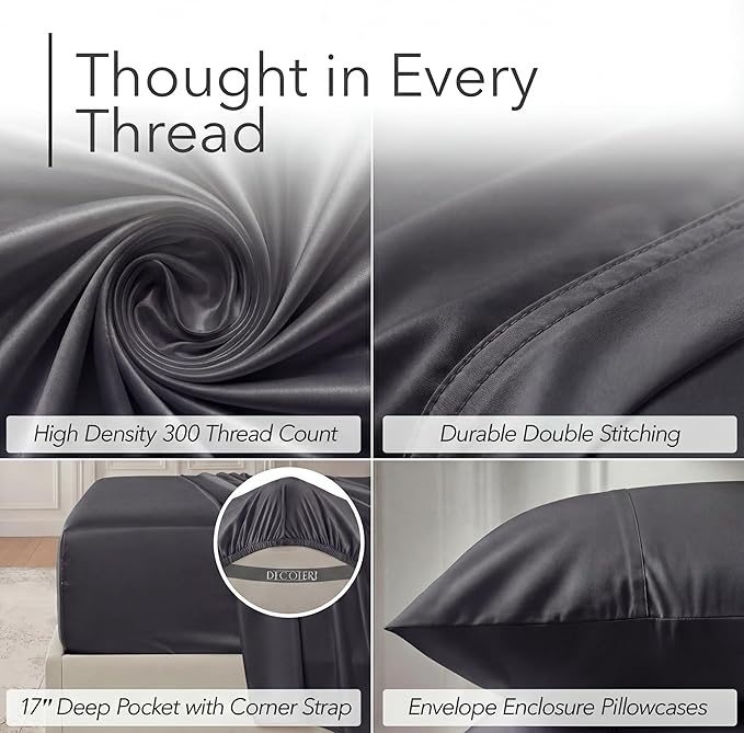 DECOLURE 100% Viscose Derived from Bamboo Sheets Full Size - Luxury 6 Pc Naturally Cooling Sheets, Ultra Soft Bed Set - Deep 17" Pockets, Durable Double Stitching, Oeko Tex Standard (Charcoal)