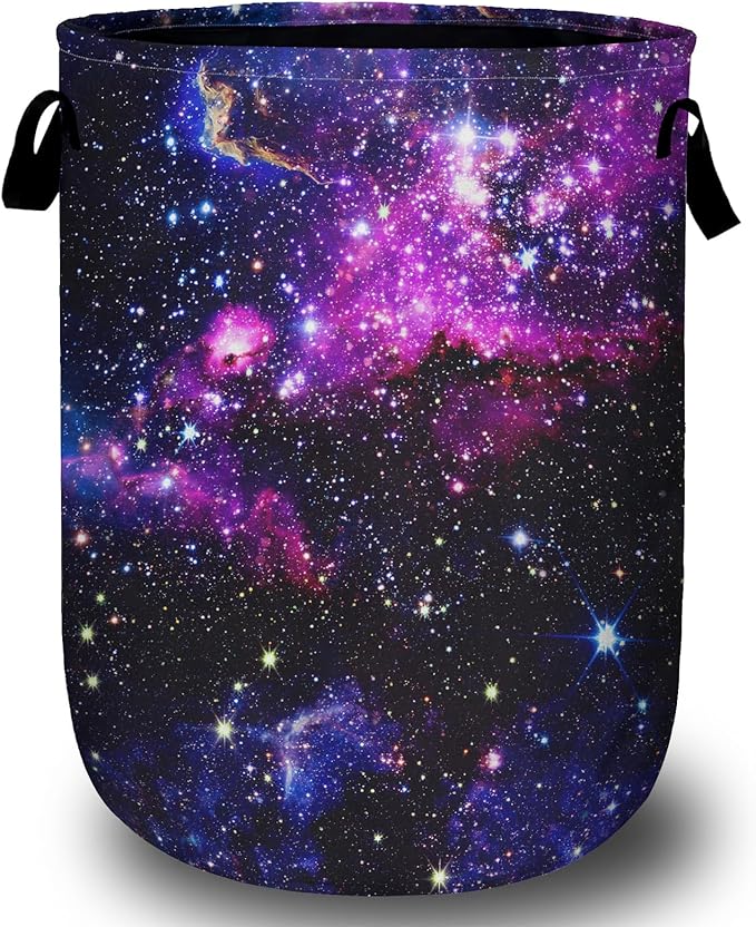Purple Starry Sky Laundry Basket with Sturdy Handles, Galaxy Collapsible Oxford Cloth Laundry Hamper Organizer Basket for Bathroom Bedroom 15.7x20 Inch