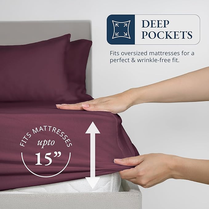 LANE LINEN Queen Size Fitted Sheet, 3-Piece Set (1 Fitted Sheet, 2 Pillowcases), 100% Organic Cotton, Percale Weave, Soft & Breathable, Fits Mattress Upto 15" Deep - Windsor Wine (No Flat Sheet)