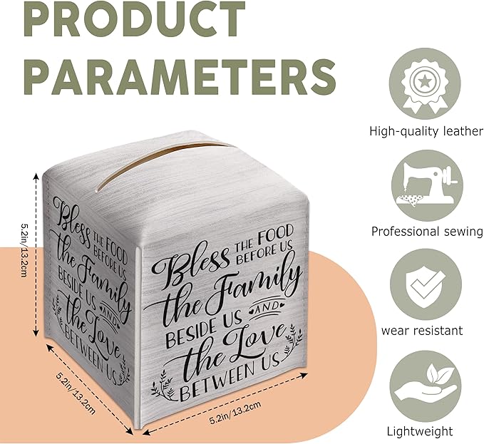 Christian Decorative Tissue Box Cover Square, Wood Pattern Leather Tissue Box Holder, Religious Gift Ideas for Family, Bless The Food Before Us, Bathroom Office Decor-(5.2 Inches)