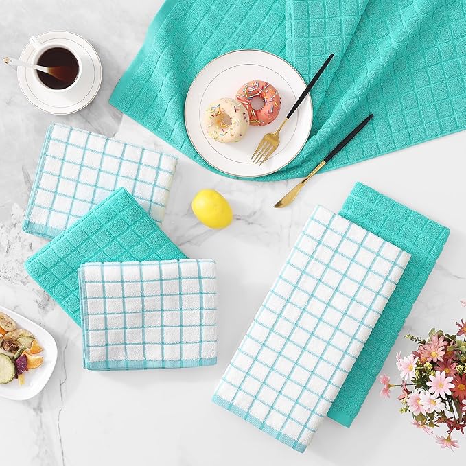 Homaxy Premium Cotton Kitchen Towels 16"x 28", Large Natural Ring Spun 390 GSM Dish Towels, Super Absorbent Terry Kitchen Hand Towels, Soft Tea Towels with Hanging Loop, Aqua Check Design, 12 Pack