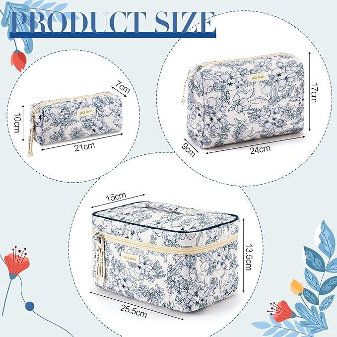 Zeyune 3 Pcs Makeup Bag Quilted Cosmetic Bags Large Floral Makeup Bag Set for Women Cotton Flower Travel Toiletry Storage Cute with Zipper for Women Mom Birthday Gift Home Bathroom(Blue Plants)