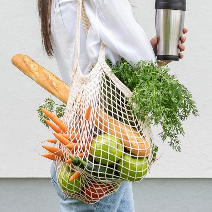 Xelsluthe 2 PCS Cotton Mesh Grocery Bags, Reusable Mesh Produce Net Bags, Long Handle String Shopping Tote Bag for Fruit Veggie Food Storage