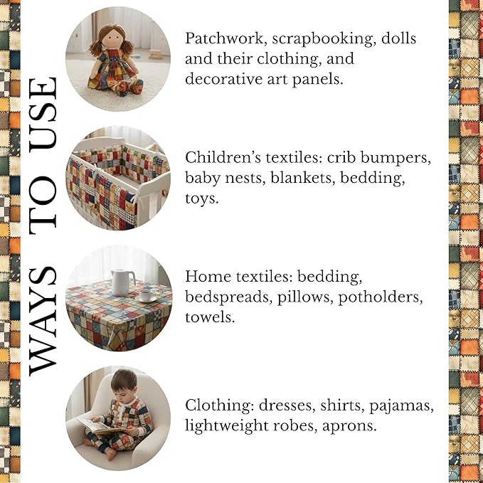 Vintage Patchwork Quilting Fabric Panel – 100% Cotton, 140 GSM, Pre-Cut 61 x 36.6 Inches – Premium Sewing Fabric for Quilts, Pillows, Bags, Baby Items & Crafts – Made in Turkey