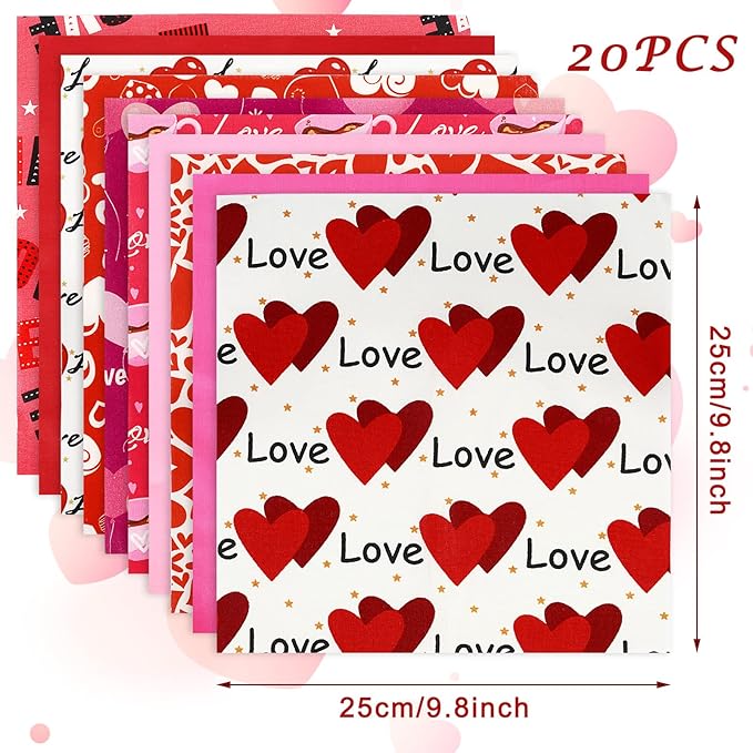 Whaline 20Pcs Valentine's Day Cotton Fabric Bundles Rose Red Pink Heart Love Printed Fat Quarters Quilting Patchwork 9.8 x 9.8Inch Squares Sewing Fabrics for DIY Handmade Crafting Home Party Decor