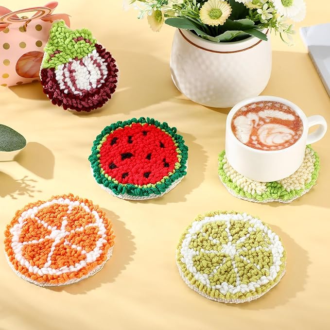 Yaomiao 6 Pcs Fruit Punch Needle Coaster Kit Punch Needle Embroidery Kits Craft Supplies with Patterns Yarns Tools Adhesive Felt Embroidery Hoop Instruction Holder for Adult DIY