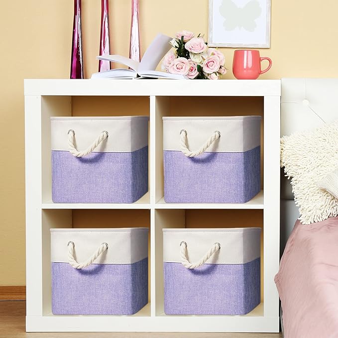 Geiserailie 6 Pcs 13 x 13 Inch Cube Storage Bins Fabric Storage Organizer Bins Foldable Cube Baskets with Sturdy Carry Handles Wicker Baskets for Home (Purple)