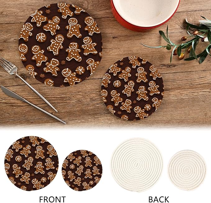 Brown Ginger Bread Trivets for Hot Dishes Pots and Pans Potholders Woven Trivet Cotton Round Large Pot Holder Decor Heat Resistant Hot Pads Mat for Table Counter Cooking Potholder Set of 2 (