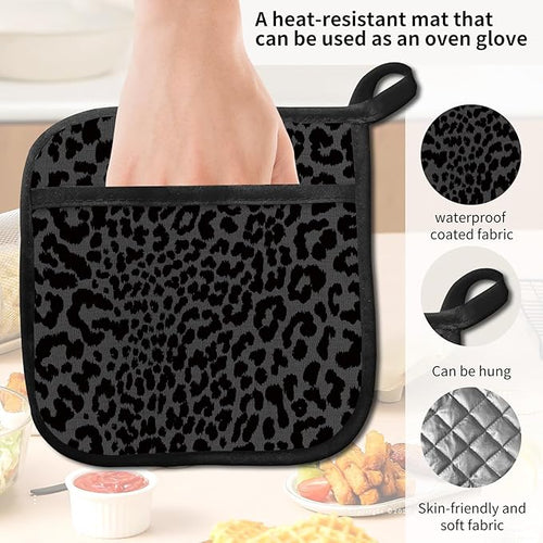 2 Pack Pot Holders for Kitchen Clearance, Cute Hot Pads, Funny Oven Pot Holders, Potholders Sets for Kitchen Heat Resistant Luxury Black Leopard