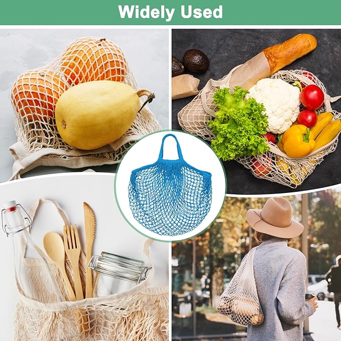 M METERXITY 1-Pack Cotton Mesh Bag, Reusable Washable Mesh Net String Grocery Bags, Reusable Produce Bags with Handle, Net Tote Bag for Fruits/Vegetables Shopping [Blue, Short Handle]