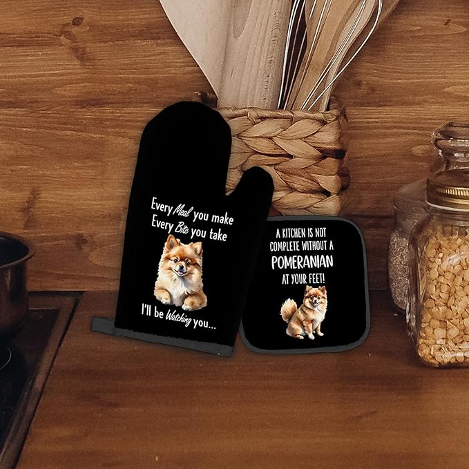 Pomeranian Gifts for Women Dog Oven Mitts and Pot Holders Sets, Pomeranian Dog Decor Kitchen Accessories Sets, Complete Without a PomeranianDog Heat Resistant Oven Glove Potholders for Kitchen