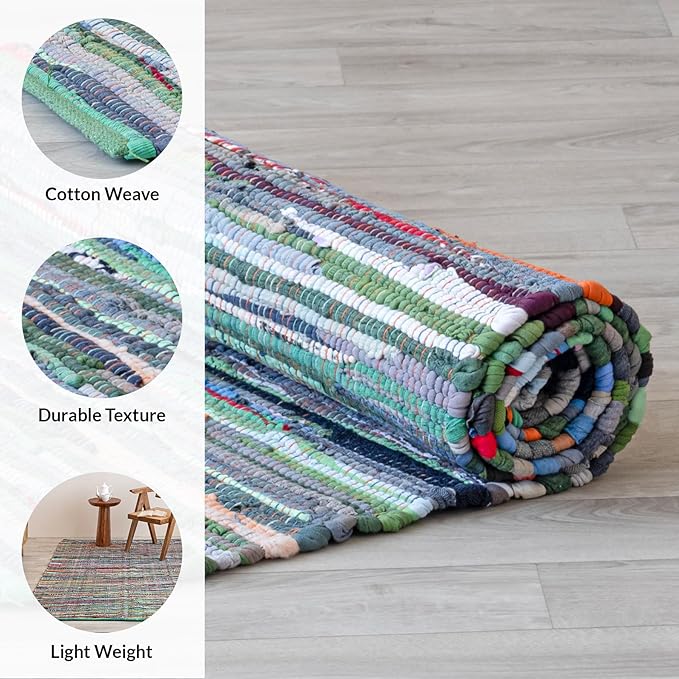 HOMEMONDE Chindi Runner Area Rug 2x8 feet Recycled Soft Cotton Rugs Hand Crafted Reversible Boho Home Decor for Kitchen, Entyrway, Bedroom, Living Room - Multi Green