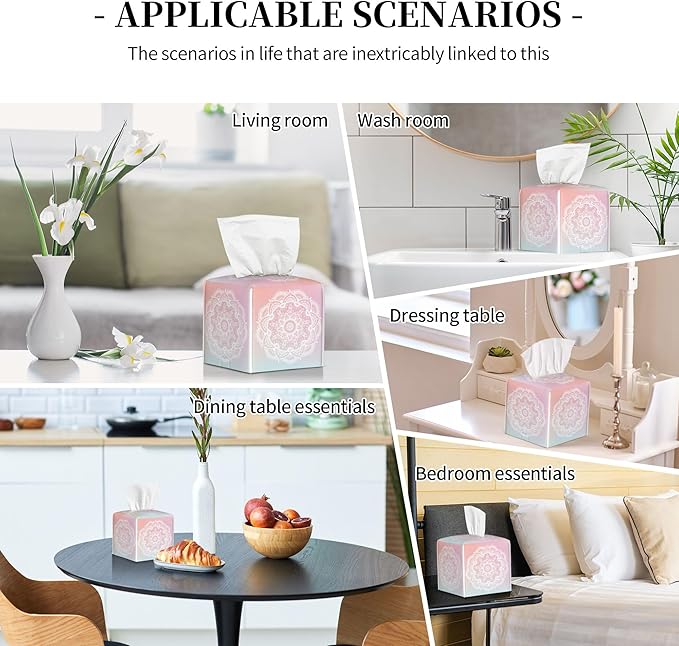 Pink Boho Mandala Flower Tissue Box Cover Square,Abstract Mandala Floral Tissue Box Holder Waterproof Leather Facial Paper Organizer Dispenser for Bathroom Home Car Nightstand Vanity Desk