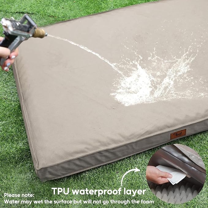 Tail Stories Outdoor Extra Large Dog Crate Bed, XXL Waterproof Dog Bed for Giant Breeds Dogs, 47x29 Inch Orthopedic Egg Crate Foam Pet Mat with Removable Cooling Cover, Khaki