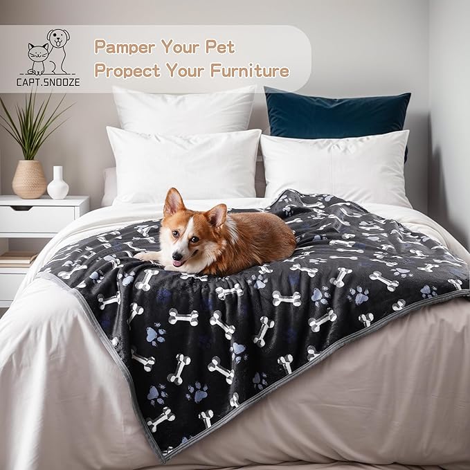 CAPT.SNOOZE Waterproof Dog Blankets Pet Blanket, Soft Fluffy Sofa Car Bed Protector, Reversible Sherpa Fleece Dog Blanket for Large Dogs (Navy Paws, 60"x80")