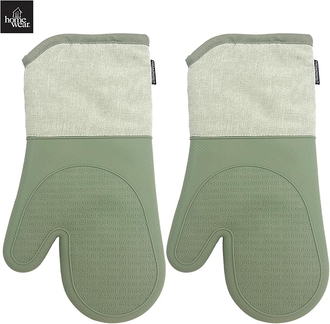 Homewear Marlow Silicone Extra Long Oven Mitt 2 Piece Set, Heat and Slip Resistant, Recycled Cotton with Soft Lining, Thick Kitchen Gloves for Cooking, Green