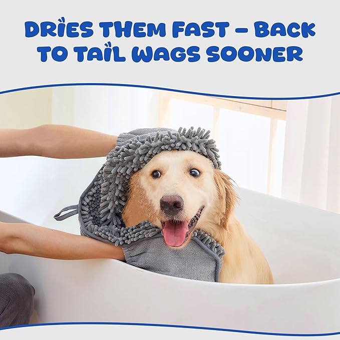 EDENATURE Microfiber Dog Bath Towel – Super Absorbent Dog Towels for Drying Dogs Large & Small, Quick Dry Pet Towel with Hand Pockets, Soft & Durable Puppy Towel, Machine Washable – Grey