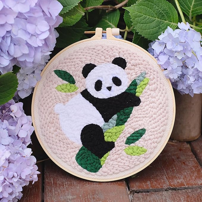 HAND U JOURNEY Punch Needle Beginner DIY Kit – 18 Colors Yarn, 2 x 8.4 Hoops with Panda & Cupcake Patterns, Punch Tool, Skill Guide, and Monk's Cloth for Creative Embroidery Craft