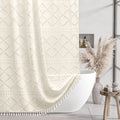 Siiluminisoy Extra Long Cream Boho Shower Curtain Woven Fabric Cute 90 Inch Shower Curtain, 72 x 90 Tufted Chevron Textured Striped Modern Farmhouse Minimalist Cloth Shower Curtain for Bathroom