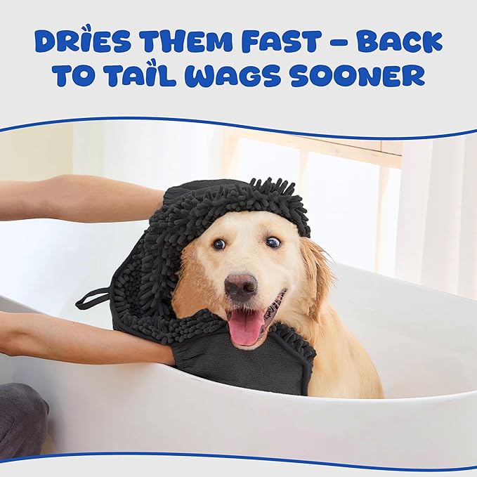 EDENATURE Microfiber Dog Bath Towel – Super Absorbent Dog Towels for Drying Dogs Large & Small, Quick Dry Pet Towel with Hand Pockets, Soft & Durable Puppy Towel, Machine Washable – Black