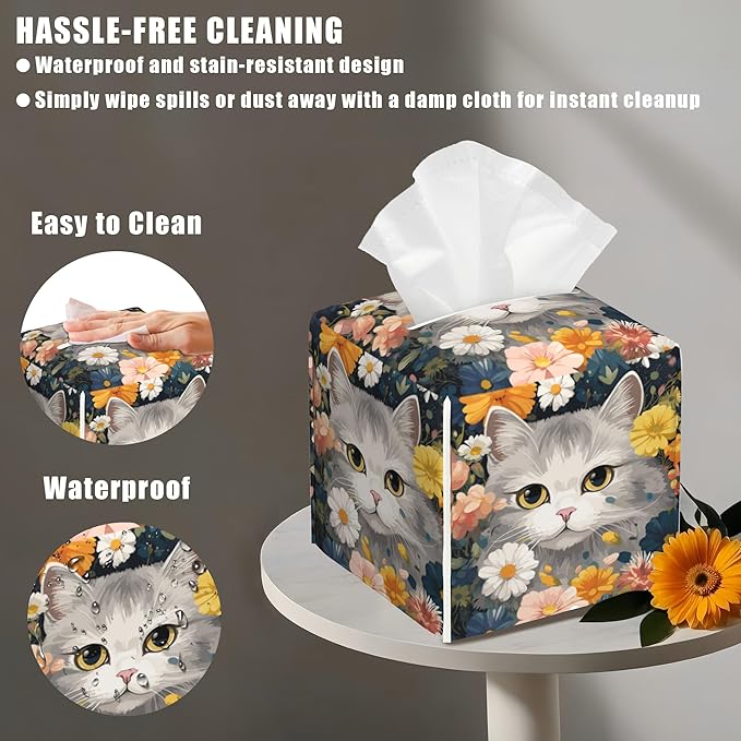 BLYKVGHQ Square Tissue Box Cover Cute Cat with Colorful Flowers Tissue Box Holder Facial Cube Paper Dispenser Leather Decorative Organizer Home Office Desk Decor, 5.2"x5.2"x5.2"