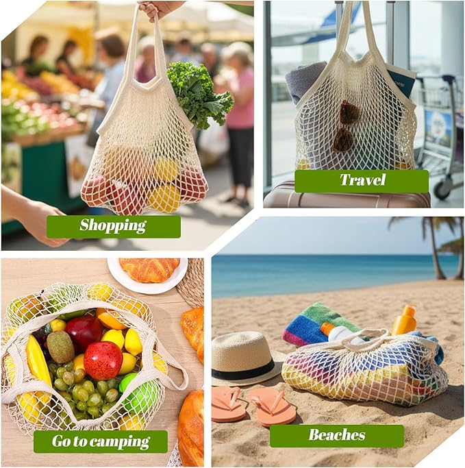 xozeooeu 12 Pcs Reusable Cotton Mesh Produce Bags, Beige Washable Grocery Net Bags Tote Organizer with Handles for Fruits, Vegetables, and Shopping