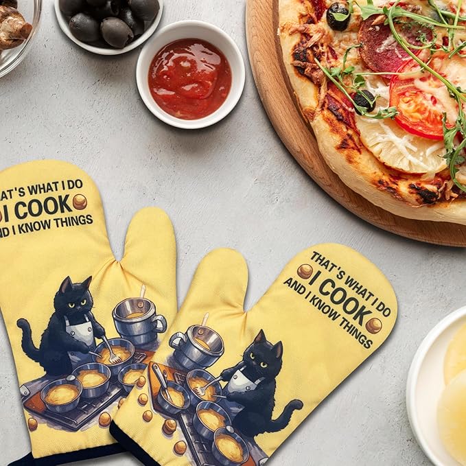 2 Pack Funny Baking Cat Oven Mitts, That's What I Do I Cook and I Know Things, Heat Resistant Kitchen Mitts, Cat Lovers Gifts, Christmas Birthday Gifts for Women Mom Wife Sister Bake Lover