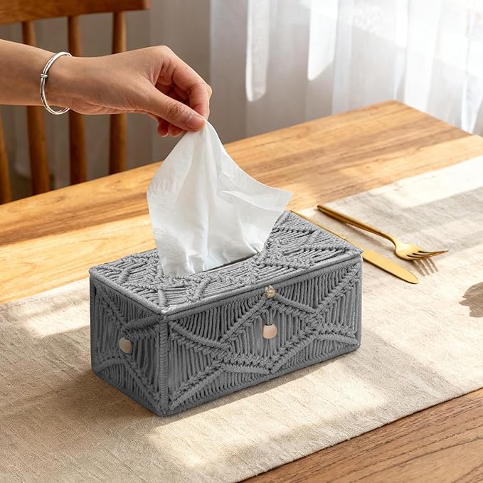KaloKalo Handmade Tissue Box Cover Rectangle Decorative Macrame Boho Tissue Holder Cotton Rope Woven Napkin Facial Paper Organizer Bohemian Desk Storage Container with Buckle Wood Beads (Grey)