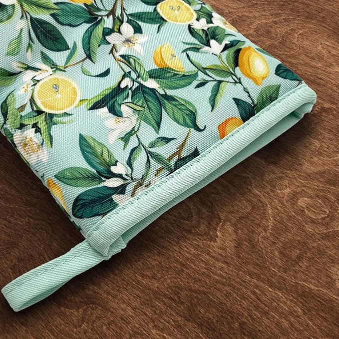 Lemon Yellow Floral Teal Mini Silicone Oven Mitts, Heat Slip Resistant Kitchen Gloves 2-Pack Set, Soft Short Small Oven Mittens Pot Holders for Baking Grilling Barbecue Microwave Gift