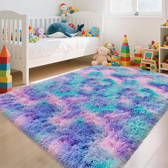 4x6ft Tie-Dyed Purple Rainbow Carpet Soft Area Rugs for Girls Room, Fluffy Colorful Rug Cute Floor Carpets Shaggy Playing Mat for Kids Baby Girls Bedroom Nursery Home Decor