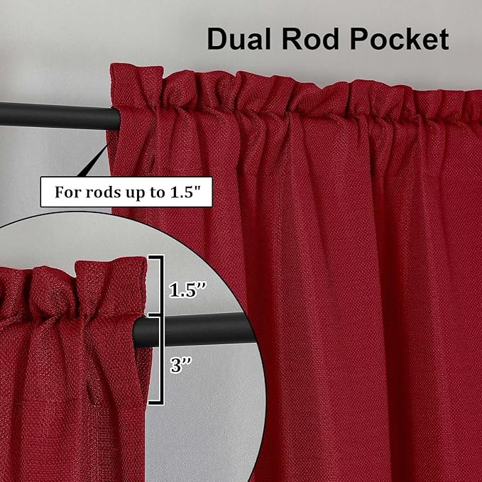 Lecloud Bessie Red Kitchen Curtains 24 Inch Length 2 Pcs, Christmas Faux Linen Textured Short Curtain, Light Filtering Breathable Tiers with Rod Pocket for Cafe Bedroom Bathroom, Each 30" W x 24" L