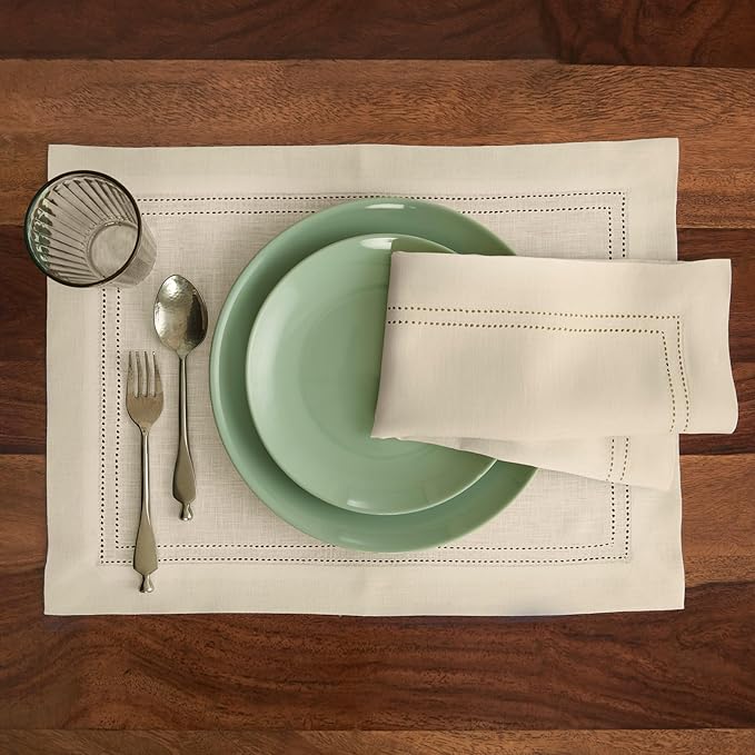 Solino Home Linen Placemats Set of 4 - Double Hemstitch Ivory Placemats 14 x 19 Inch - 100% Pure Linen Table Place Mats for Spring, Easter