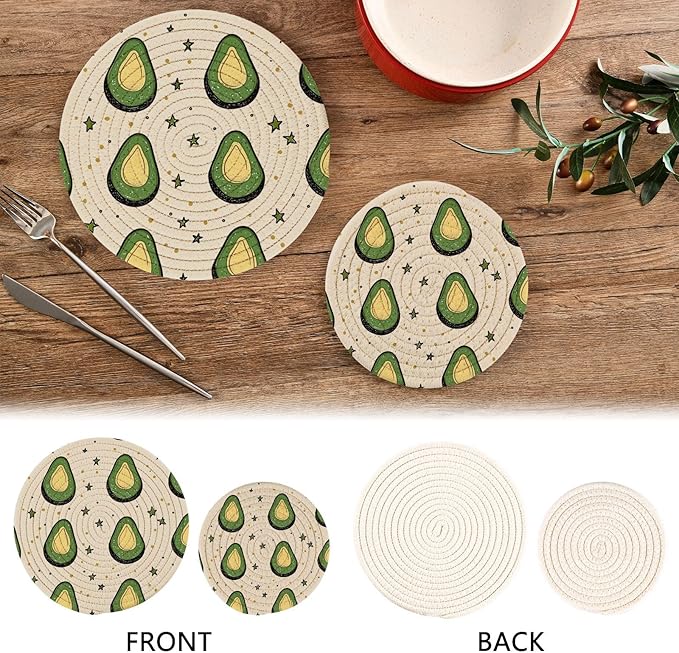 Avocados Stars Dots Minimalist White Trivets for Hot Dishes Pots and Pans Potholders Woven Trivet Cotton Round Large Pot Holder Decor Heat Resistant Hot Pads Mat for Table Counter Cooking Potho