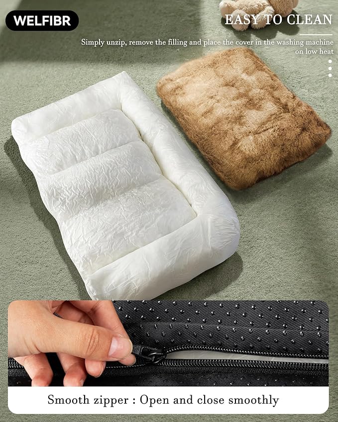 Welfibr Fluffy Faux Fur Dog Bed Medium Size Dog Washable Rasied Dog Bed Orthopedic Dog Bed with Sides Noiseless Supportive Foam Dog Couch Anti-Slip Comfort Pet Beds with Removable Cover Brown 42"
