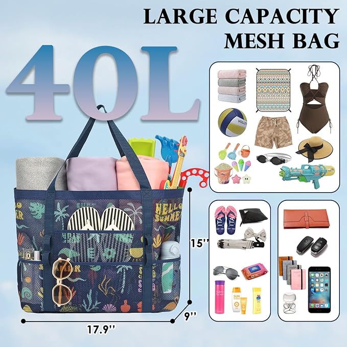 Fammart Mesh Beach Bag, Large Beach Tote with Zipper Pocket for Family Pool Bag for Toys & Vacation Essentials